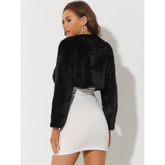 Faux Fur Bolero Shrug Crop Jacket Evening Bow Tie Front Fluffy Coat Black - Picture 4 of 5
